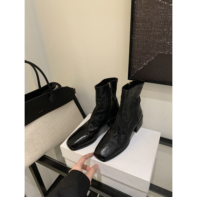 Style Square Head Washed Horse Thin Booties Boots