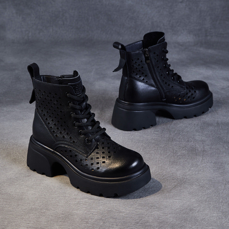 Women's Layer Cowhide Retro British Platform Thin Hollow Genuine Breathable Hole Women's Leather Boots