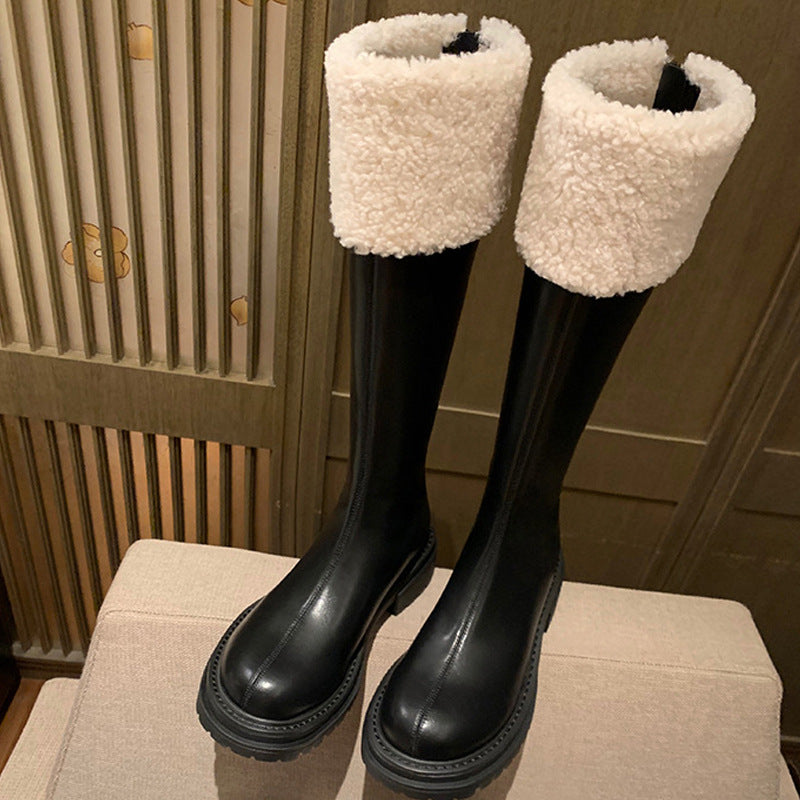 Grape Mom White With Fleece Lining Furry Platform Long Boots