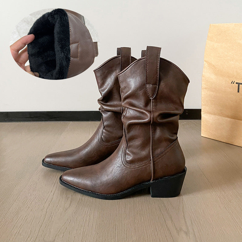 Riding Slimming Chunky Pointed Ankle Vintage Sleeve Pile Style With Women's Leather Boots