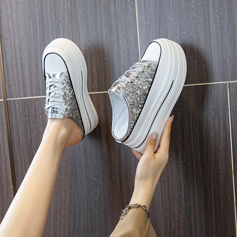 Women's Insole Closed Toe Half For Spring Sequin Platform Slippers