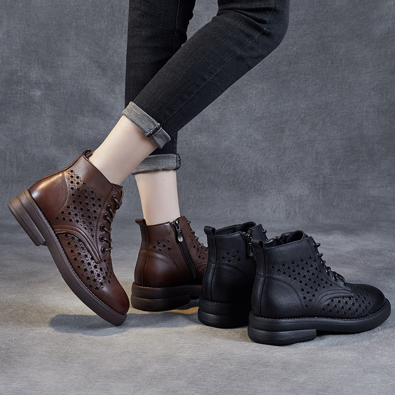 Women's Spring First Layer Cowhide Hollow Short Boots