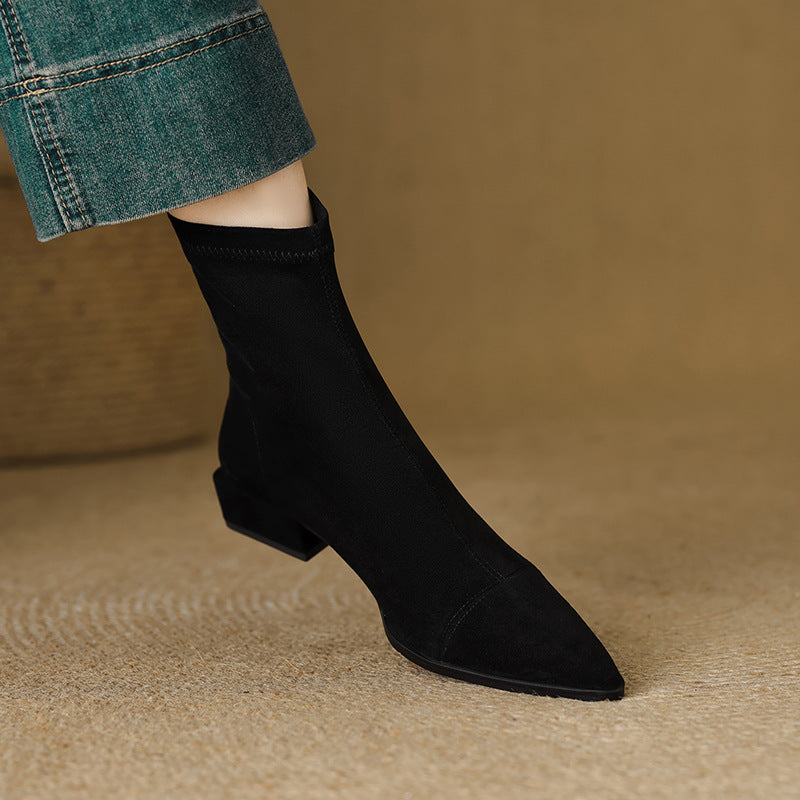 Women's Version Stretch Thin Slim Back Zipper Ankle Thick French Women's Leather Boots