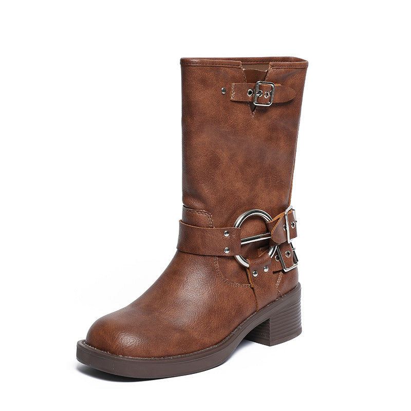 Women's Thin Belt Buckle Thick Bottom Chunky Large Size British Women's Leather Boots