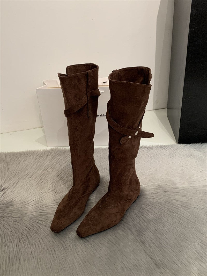 Women's Retro Low Tall Knight Two-way Pile Western Heels