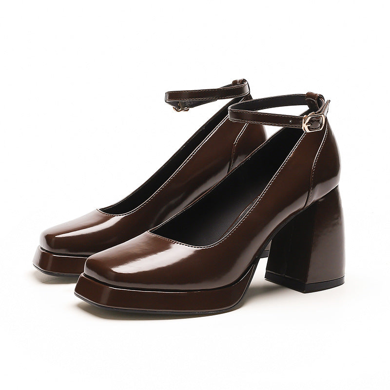 Mary Jane Autumn Fashionable Chunky Buckle Square Head Waterproof Women's Shoes