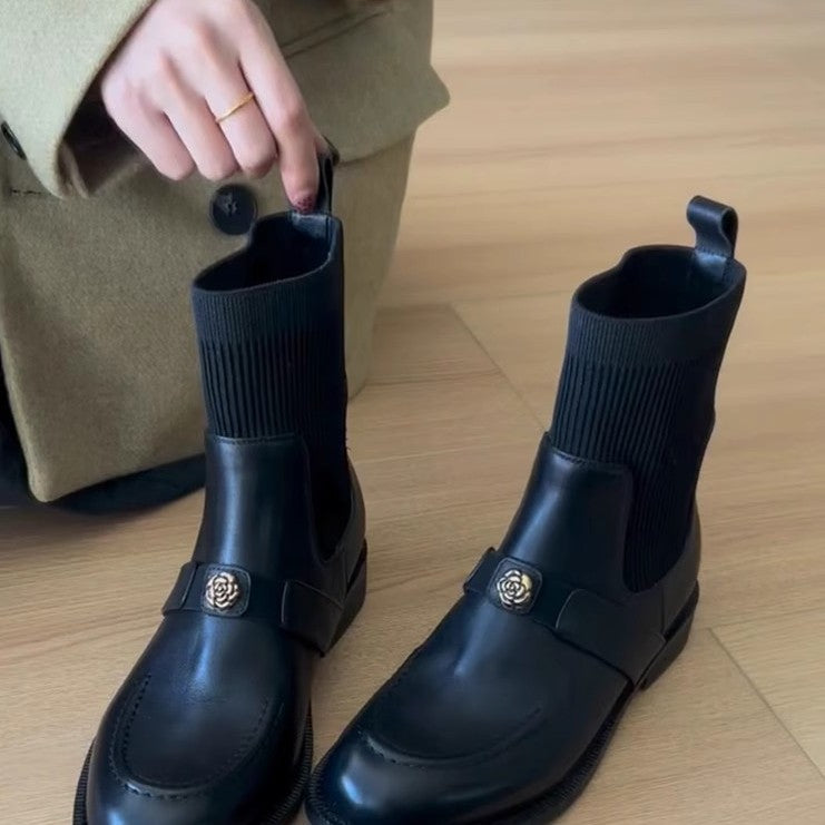 Women's Elastic Booties Fleece-lined Skinny Flat Martens Words Boots