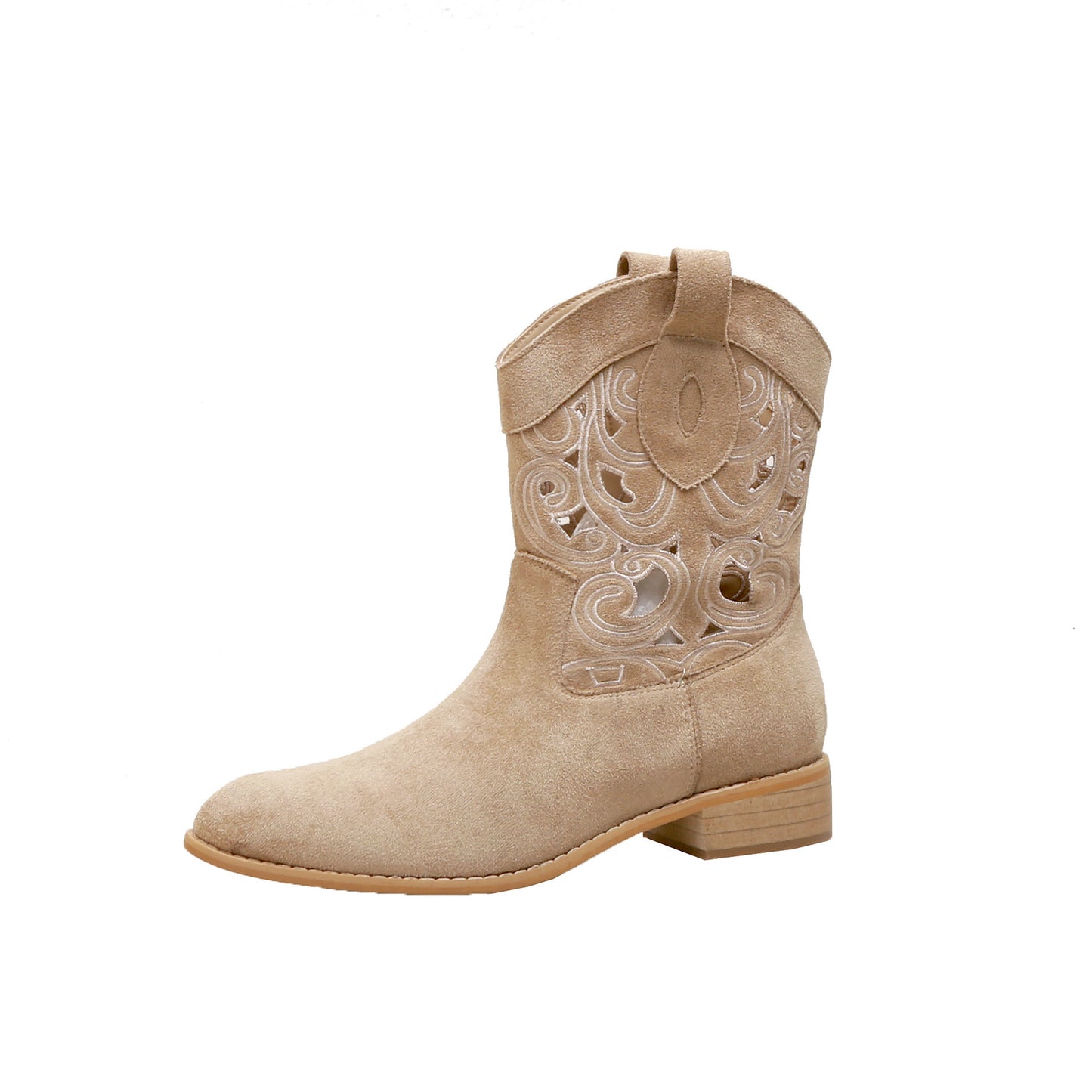 Women's Embroidered Hollow Out Western Cowboy Autumn V Cut Middle Chunky Women's Leather Boots