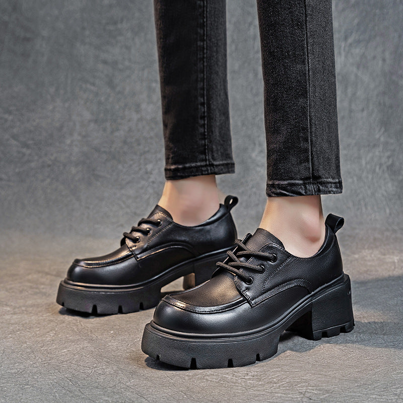 Women's Cowhide Authentic Platform Thick Bottom Lace Casual Shoes