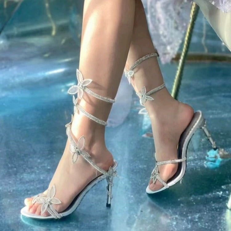 Summer Bow Rhinestone Strap Snakelike Winding High Heels