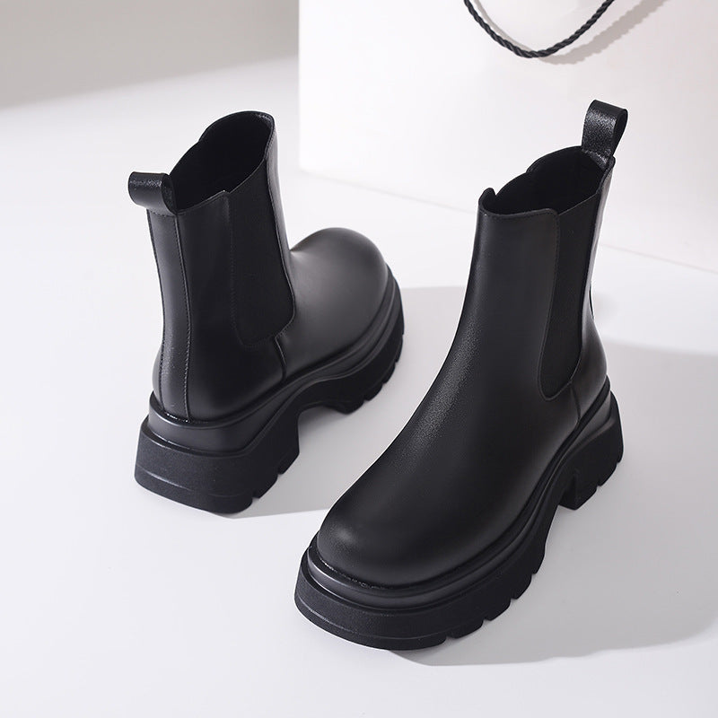 Women's Chunky Thick Bottom Single Chelsea Black Smoke Pipe Boots