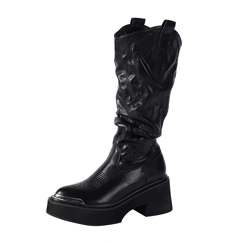 Women's Thick-soled Pile Style Embroidered Metal Height Increased Small Boots