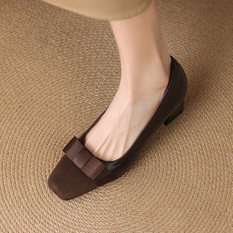 Women's Large Size Retro Square Toe Stitching Chunky Pumps Bow Men's Shoes