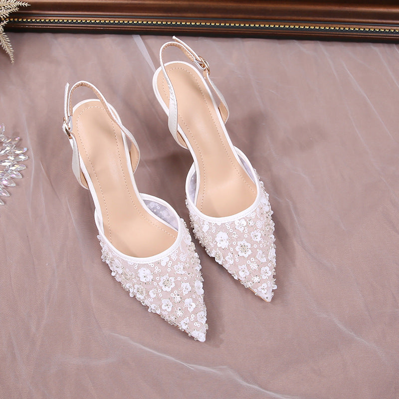 Women's Front Bag Back Strap French Joker Lace Hollow Lady High Heeled Sandals