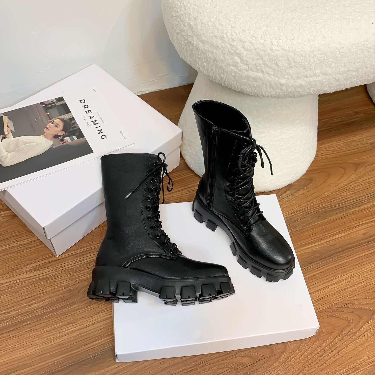 Women's Small British Style Platform Black Length Boots