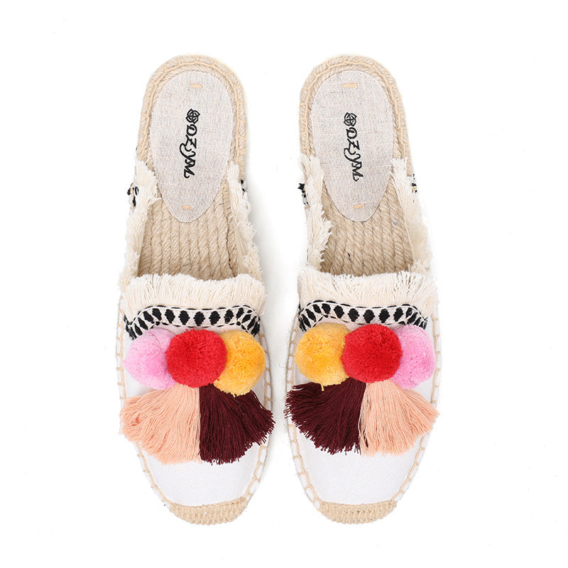 Women's Woven Hemp Bottom Closed Toe Fur Ball Slippers