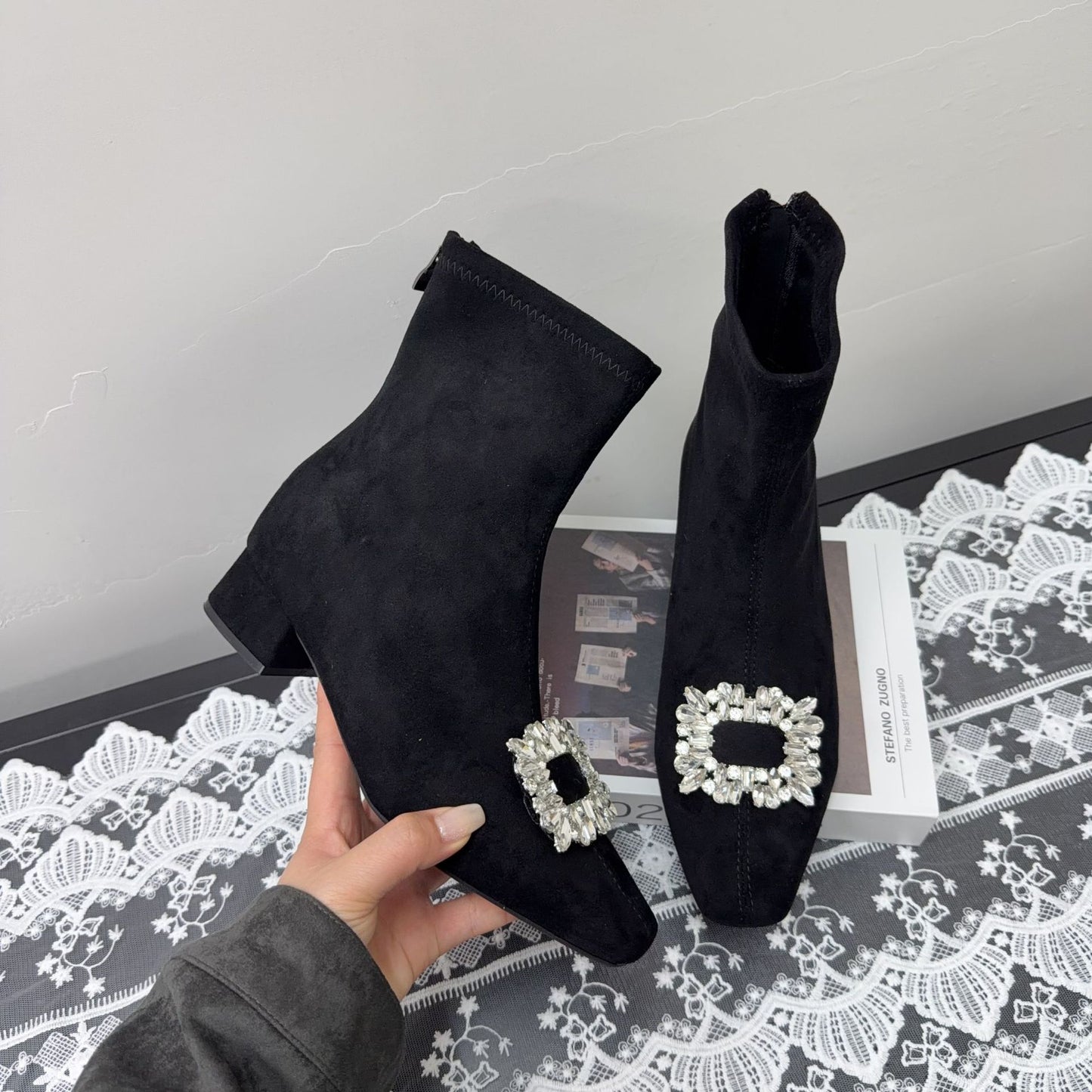Women's Increasing Insole French Square Head Skinny Stiletto Ankle Fashion Women's Leather Boots