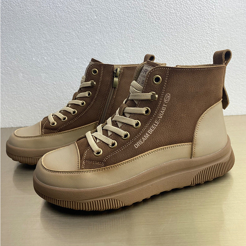 Women's Layer Cowhide Retro High Top White Comfortable Soft Soled Sneakers