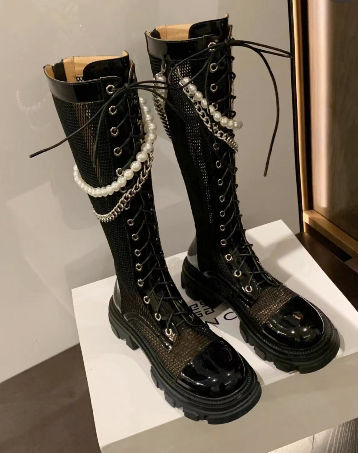 Women's Black Martin Pearl Chain Cool Patent Boots
