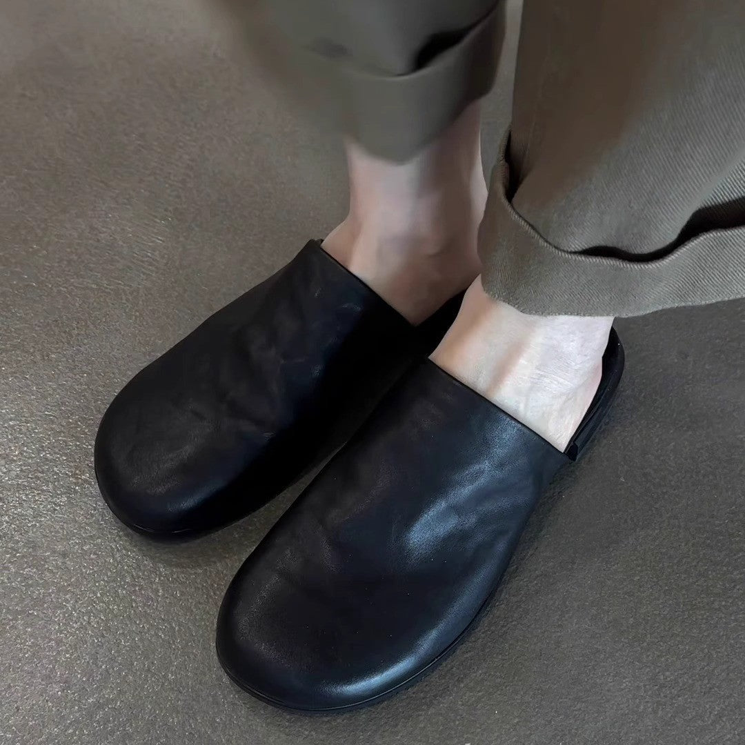 Women's Sheepskin Slip-on Lazy Authentic Toe Box Summer Black Outer Wear Slippers