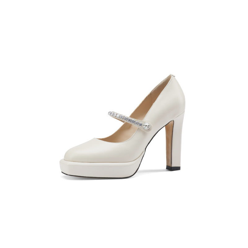 Women's Spring Rhinestone Thick Super Low-cut Waterproof Platform Pumps Mary Heels