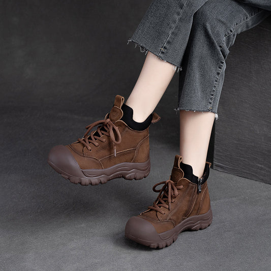 Women's Zipper Ugly Cute Ankle Thick Bottom Top Layer Cowhide Boots