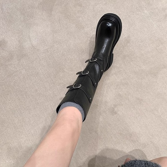 Women's Button Thick Bottom Motorcycle Tube Fleece Boots