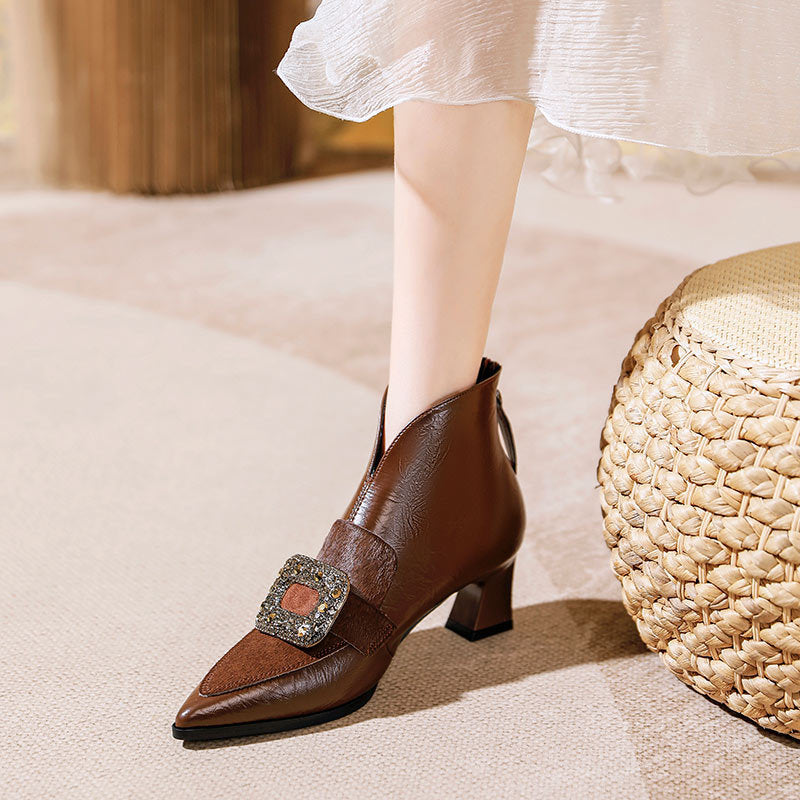 V Cut Chunky Ankle Genuine Horse Fur Pointed Toe Boots