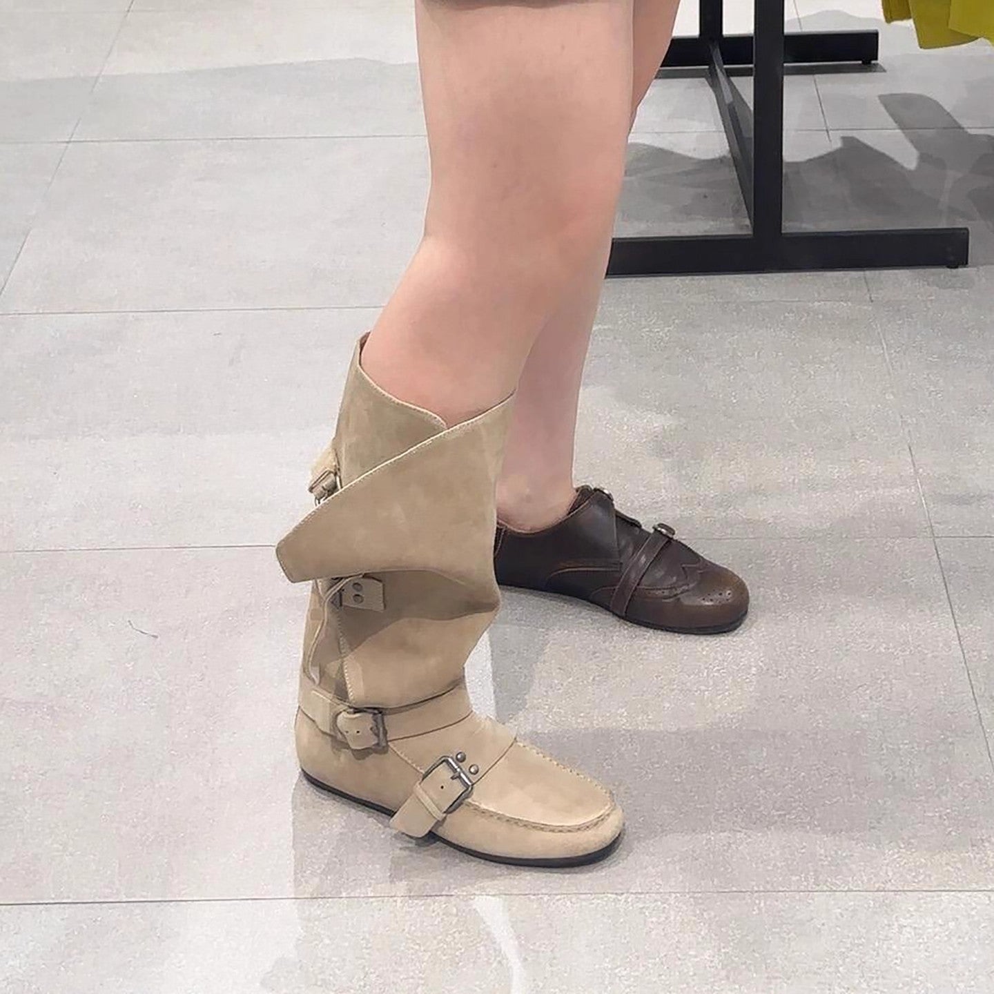 Women's Frosted Suede Vintage Belt Buckle Height Increasing Insole Western Women's Leather Boots