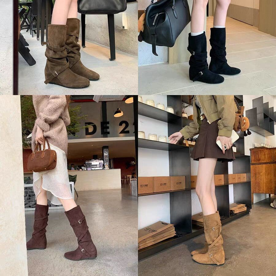 Pile Style Height Increasing Insole Buckle Length Loose Socks Women's Leather Boots