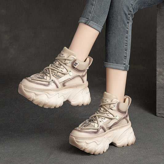 Women's First Layer Cowhide Retro Platform Elevator Boots