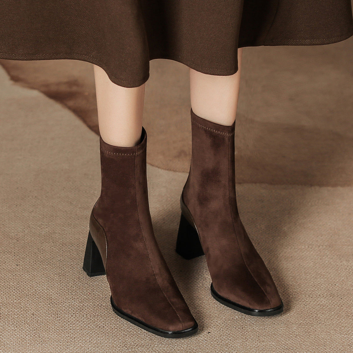 Women's French Style Suede Short Back Zipper Chunky Martin Square Toe Women's Leather Boots