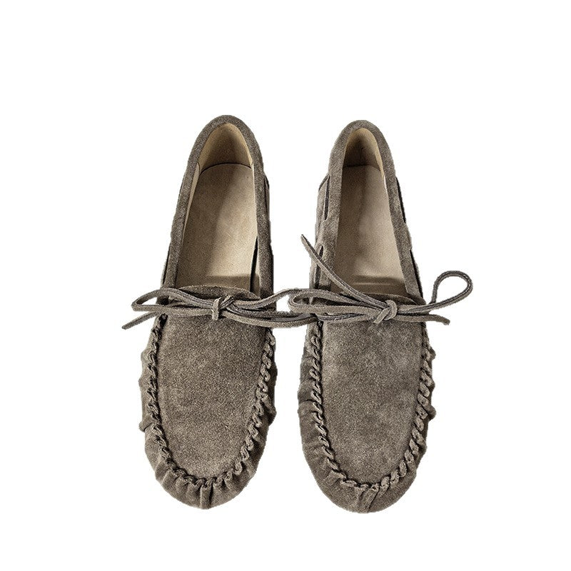Women's Genuine Flat Bowknot Round Toe Pumps Vintage Crumpled Loafers