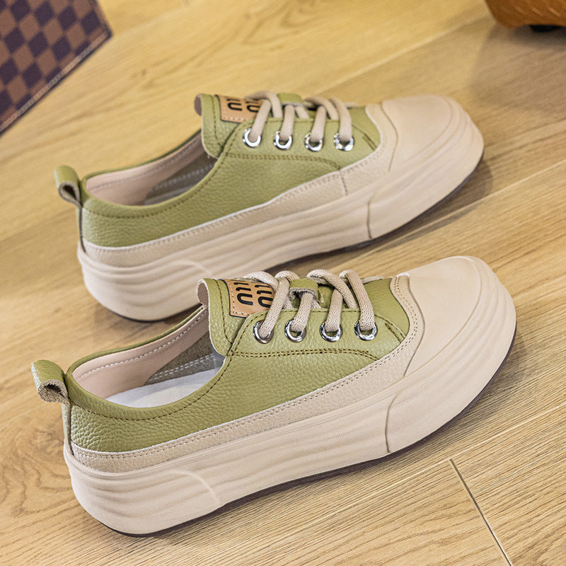 Women's Thick-soled White Not Top Cowhide Board Sneakers