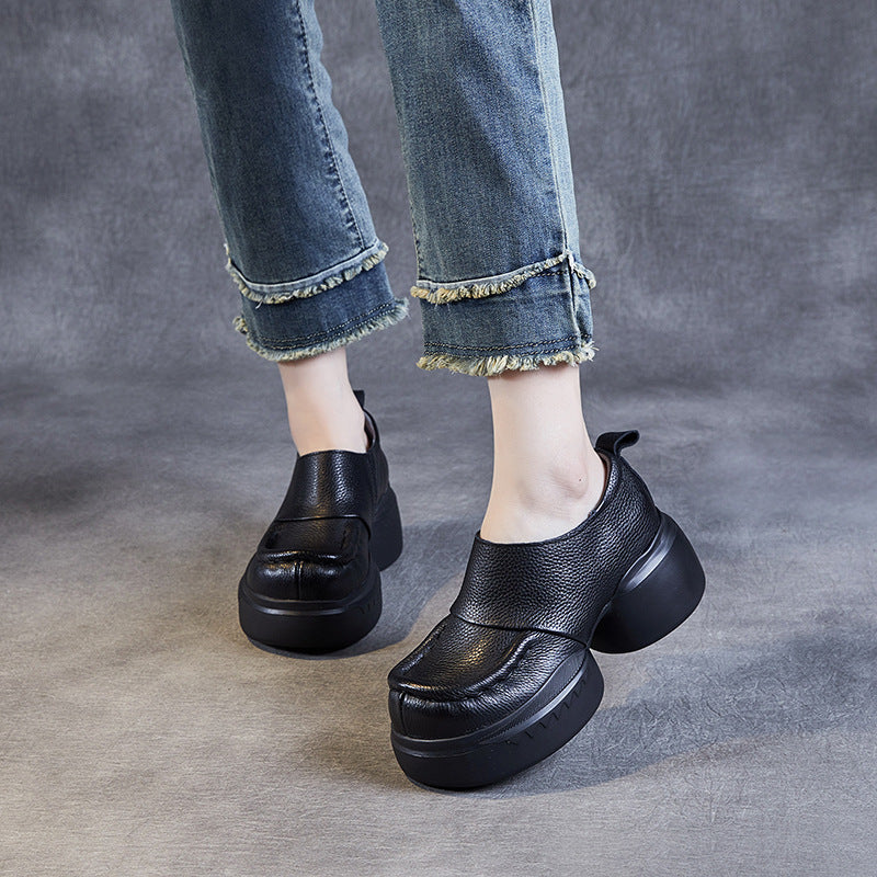 Women's Round Toe Top Layer Cowhide Muffin Slip-on Personality Art Casual Shoes