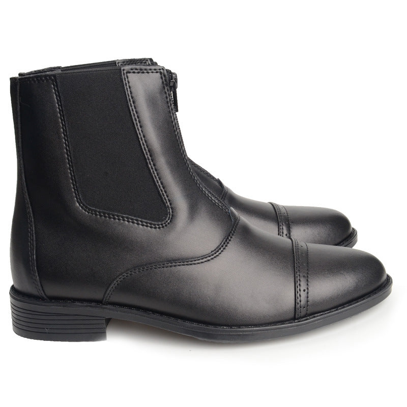 Women's & Men's Cowhide Black Short Front Zipper Riding Pointed Toe Boots