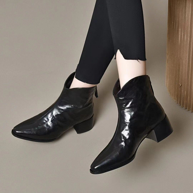 Women's Chunky Temperament Booties Soft Bottom Outdoor Pointed Women's Leather Boots