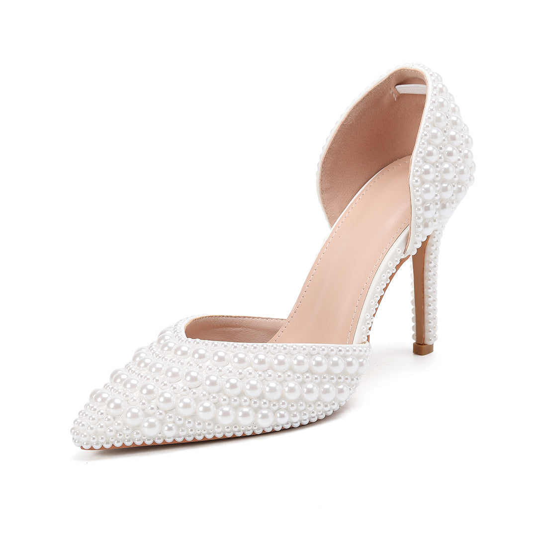 Women's Low-cut Pumps Pointed High Thin Heeled Pearl Heels
