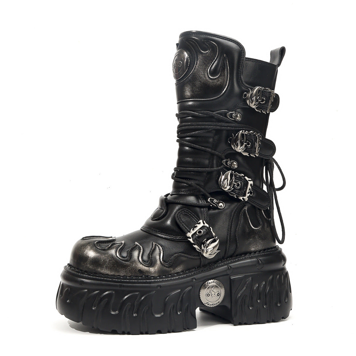 Brushed Dark Punk Metal Tank Thick Bottom Side Zipper Boots