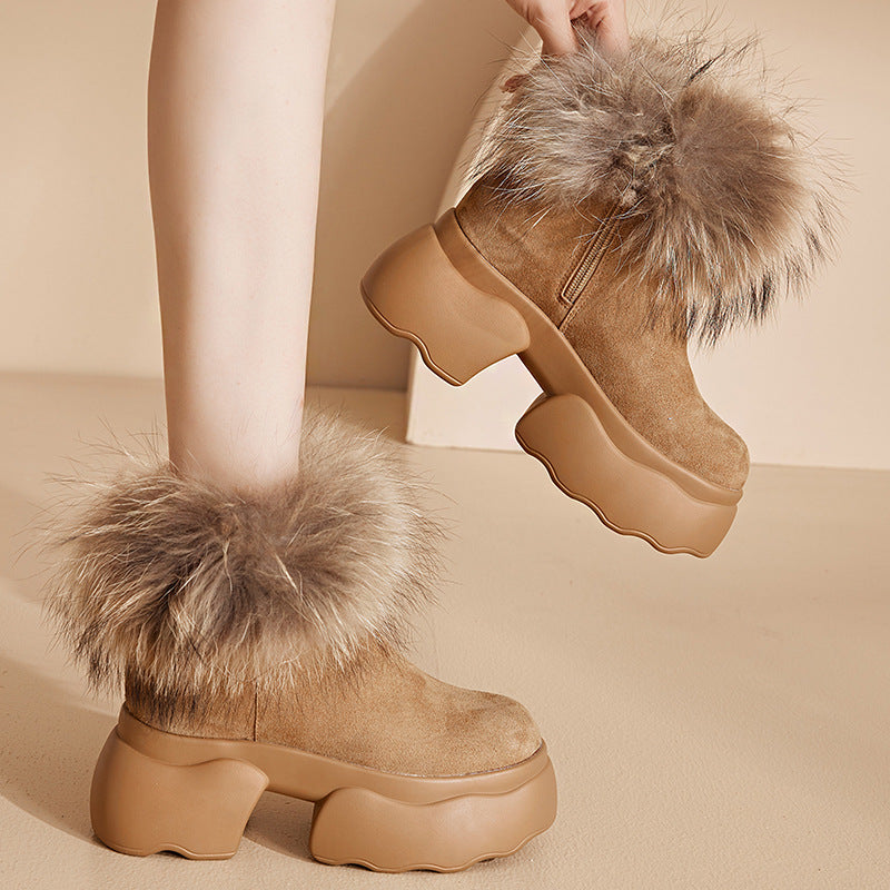 Women's Raccoon Fur Platform Winter Thickened Fleece-lined Cotton Snow Boots