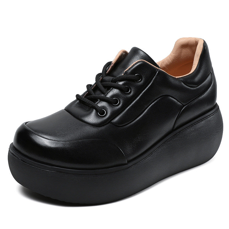 Women's First Layer Cowhide Retro Lace Up Pumps Versatile Wedge Casual Shoes