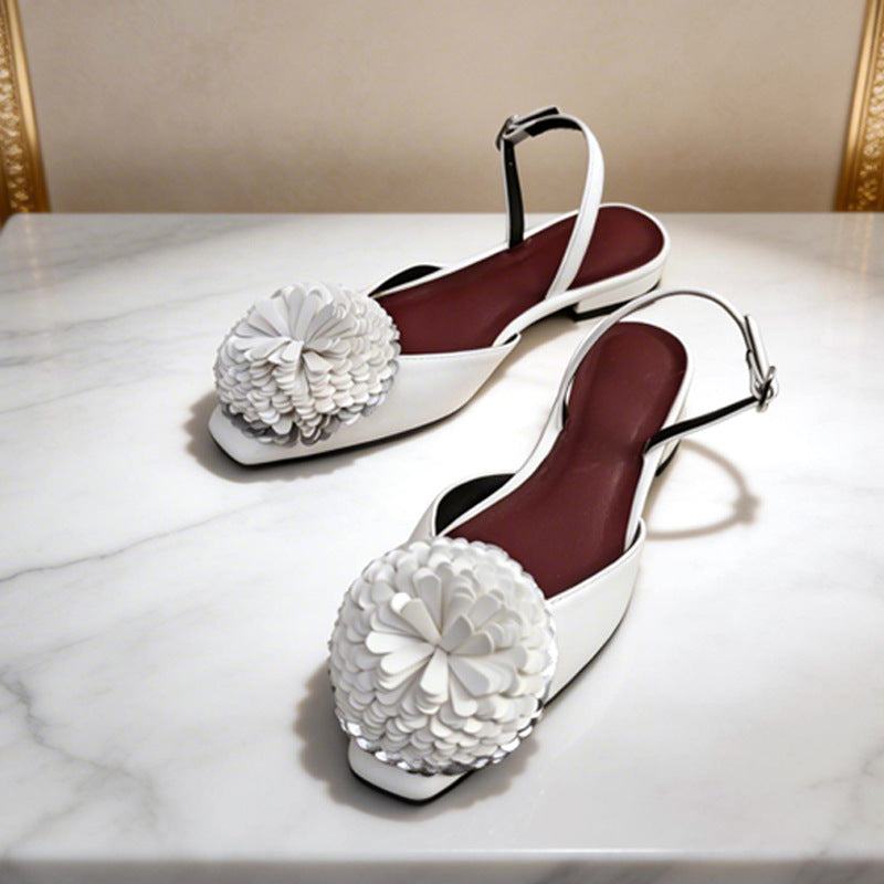 Women's Classic Style Camellia Flower Square Toe Bottom Buckle Strap Elegant Flat Sandals