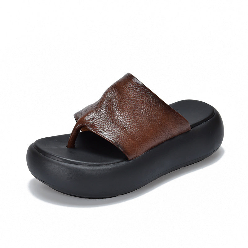Women's Genuine Flip-flops Lightweight Platform Outerwear Cowhide Sandals