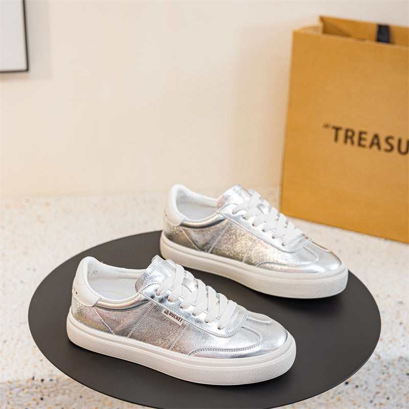 Women's Cowhide Flat Spring White Comfortable Versatile Sneakers