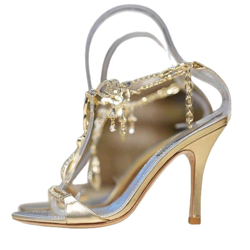Women's Summer Dignified Rhinestone Chain Strap Slimming Stiletto High Heeled Sandals