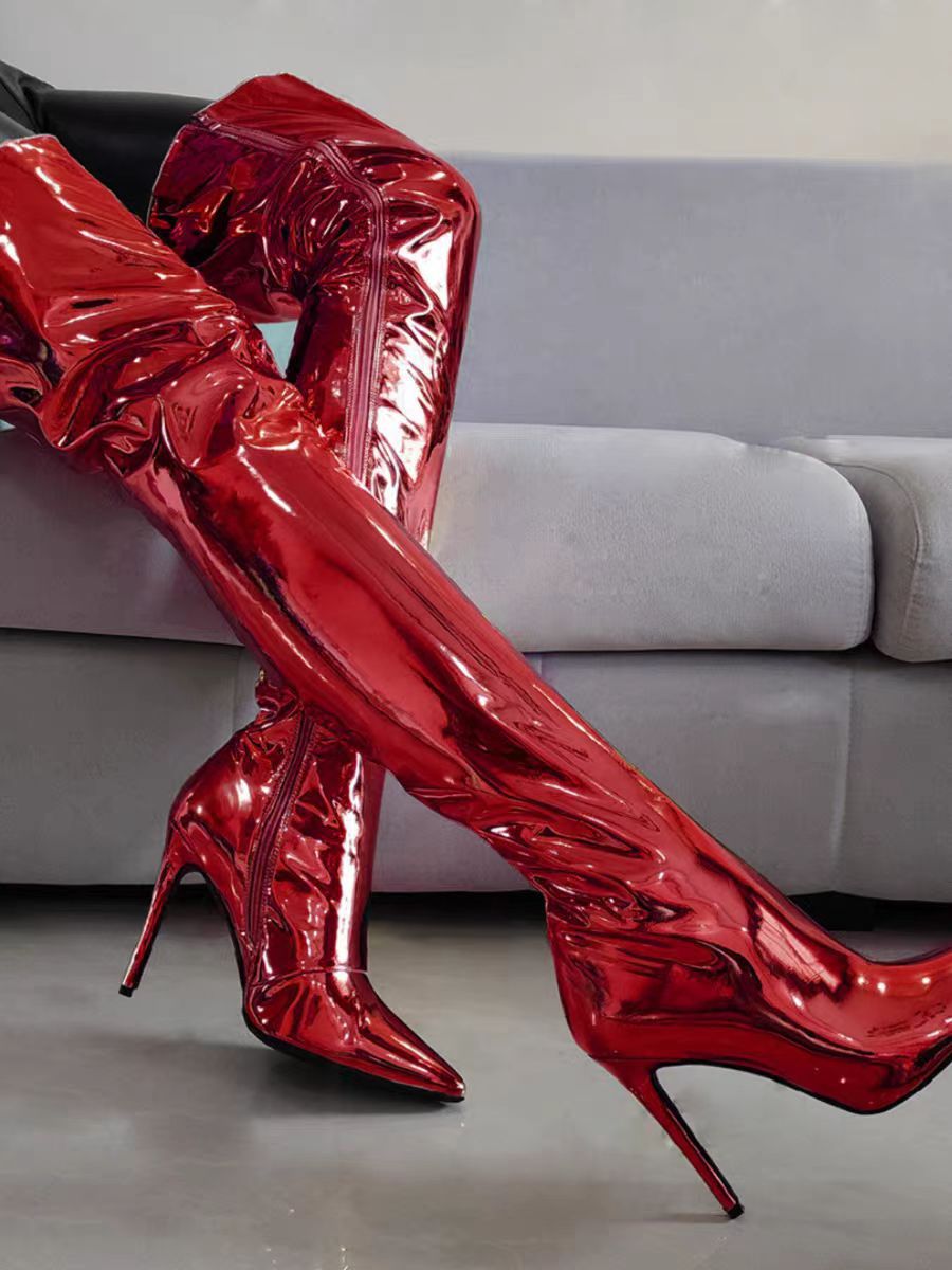 Women's Stiletto Mirror Skin Patent Plus Size Super Women's Leather Boots