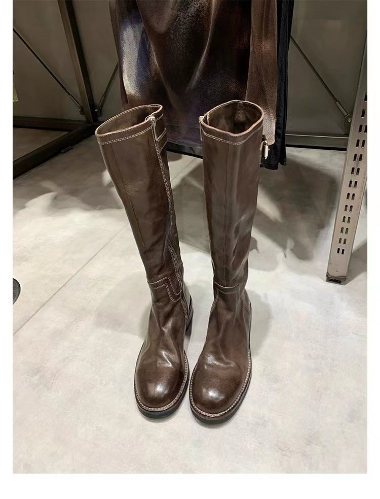 Women's Washed Horse Round Toe Belt Buckle Thick Boots