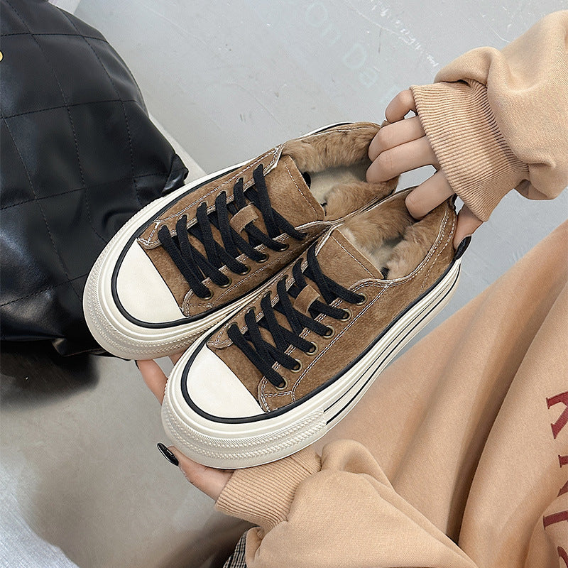 Women's Rabbit Fur Mouth Fleece-lined White Winter Platform Frosted Round Head Women's Casual Shoes