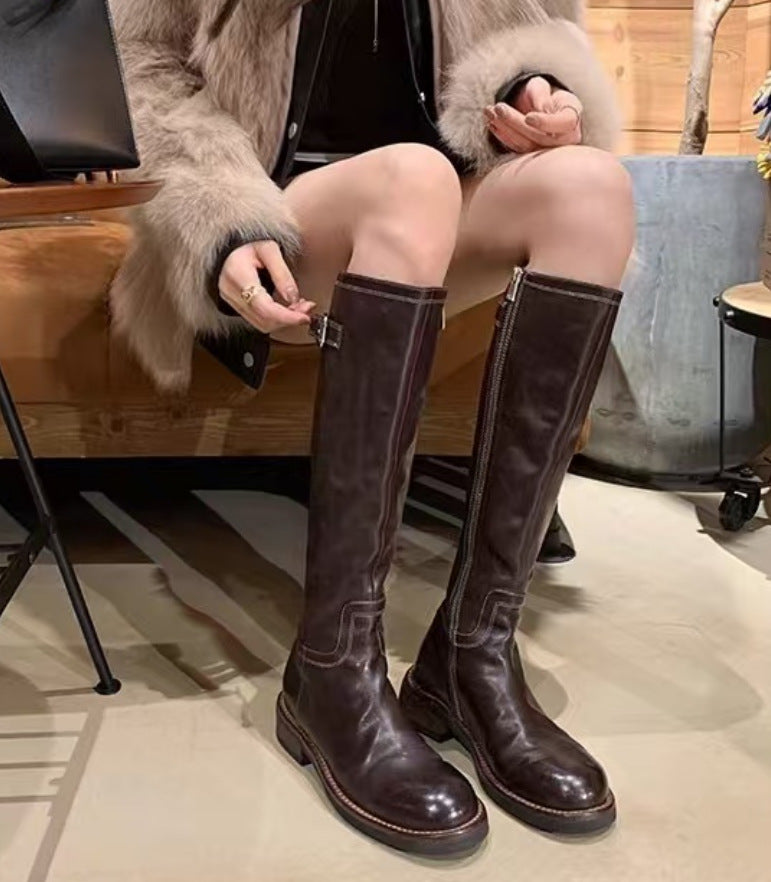 Women's Washed Horse Round Toe Belt Buckle Thick Boots