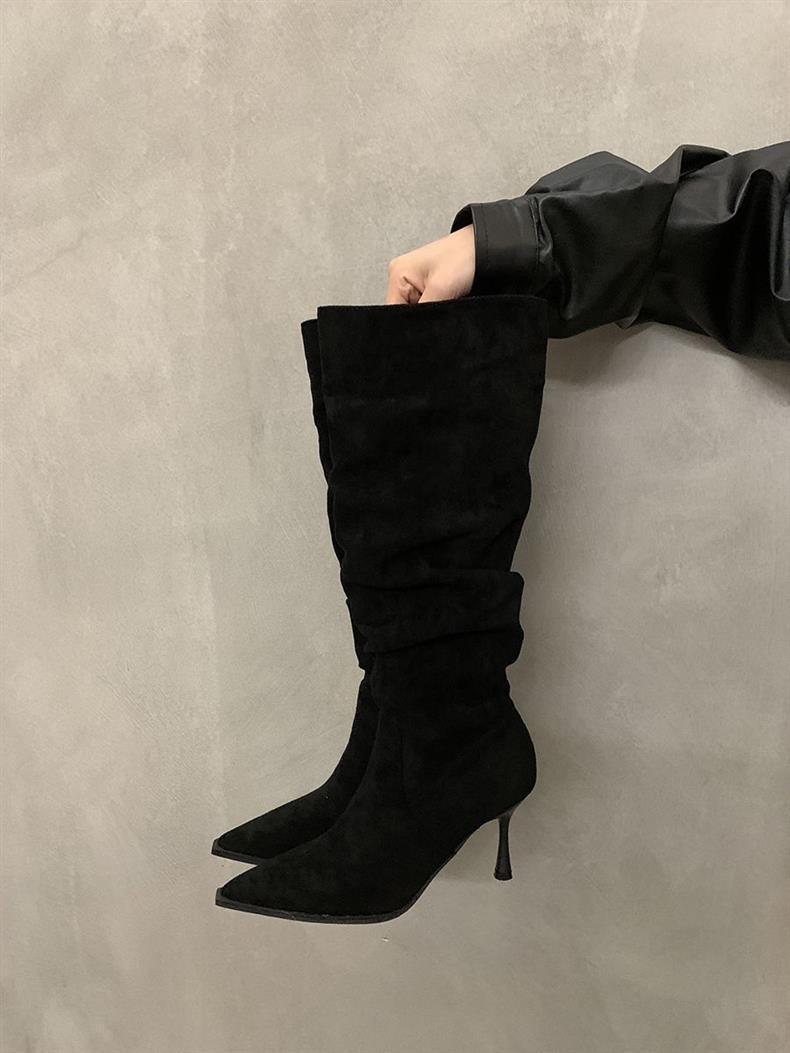 Stiletto Pointed Toe Long Pleated Pile Women's Leather Boots